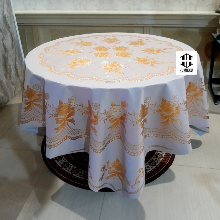 Taplak meja makan bulat minimalis oriental 8 kursi 180 cm mewah