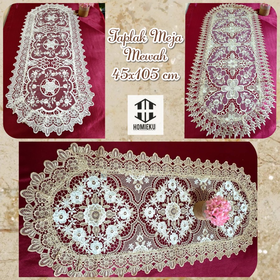 Taplak Meja Tamu Oval Mewah bordir cantik emas 45x90 45x100 cm 1 meter 