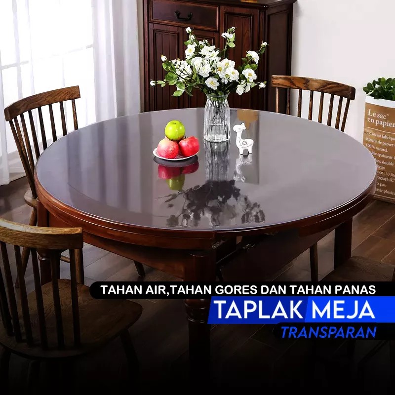 Taplak mika meja bulat bening 80 90 120 125 130 cm