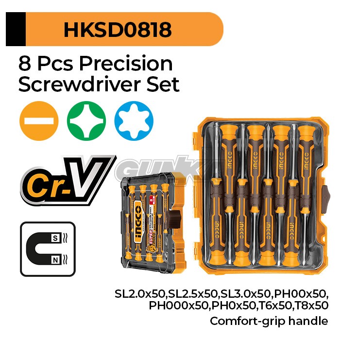 8-Pcs Cr-V Precision Screwdriver Set (13cm) INGCO HKSD0818 Obeng Presisi Set Plus Minus Bintang Magnet Anti Karat Reparasi HP Laptop Gadget