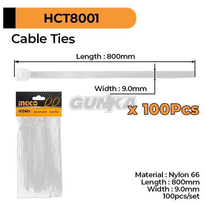 100-Pcs Cable Ties (80cm Putih) INGCO HCT8001 Tali Kabel Tis Tie Nylon