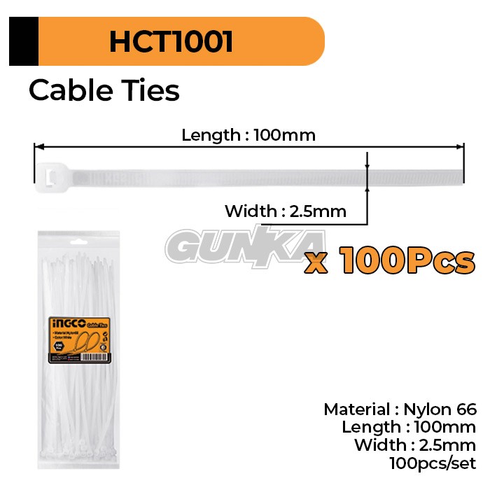 100-Pcs Cable Ties (10cm Putih) INGCO HCT1001 Tali Kabel Tis Tie Nylon