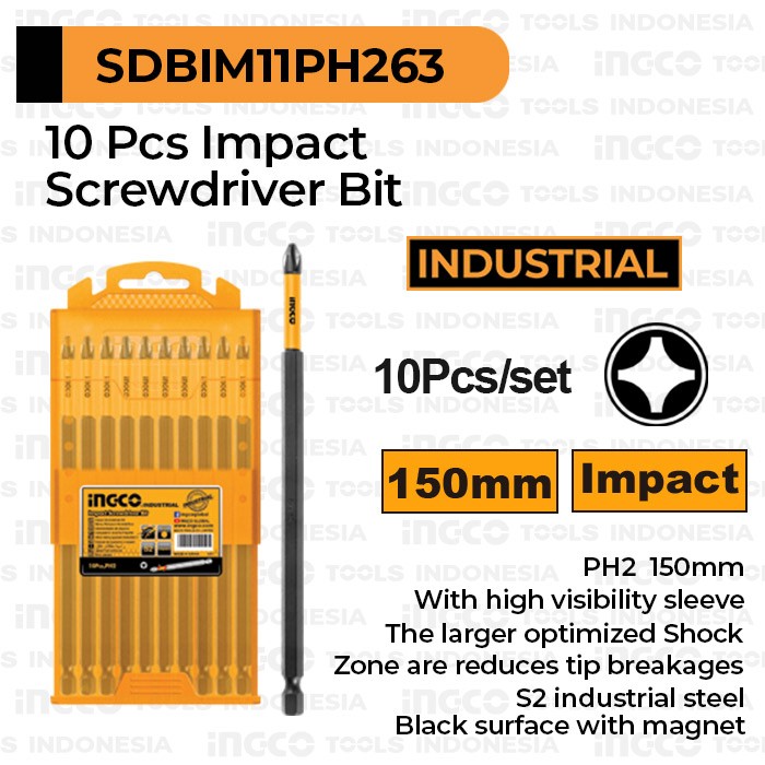 10Pcs Impact Screwdriver Bit (PH2 150mm) INGCO SDBIM11PH263 Mata Obeng