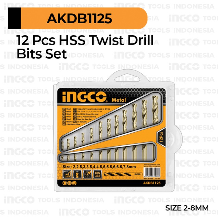 12Pcs HSS Twist Drill Bits (2-8 mm) INGCO AKDB1125 Mata Bor Besi Logam