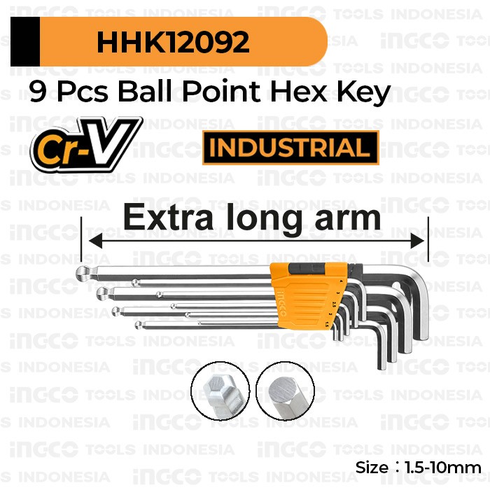9Pcs Ball Point Hex Key INGCO HHK12092 Kunci L Ballpoint Bulat Panjang
