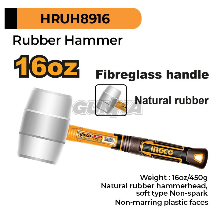 Soft Rubber Hammer (White 16oz/450g) INGCO HRUH8916 Palu Karet Putih Malet Pasang Keramik Marmer Parket Vinyl Granit Anti Penyok Pecah