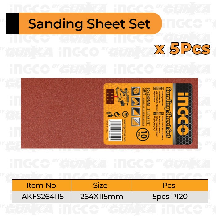 5Pcs Finishing Sander Sheet 115×264mm INGCO AKFS264115 Kertas Amplas
