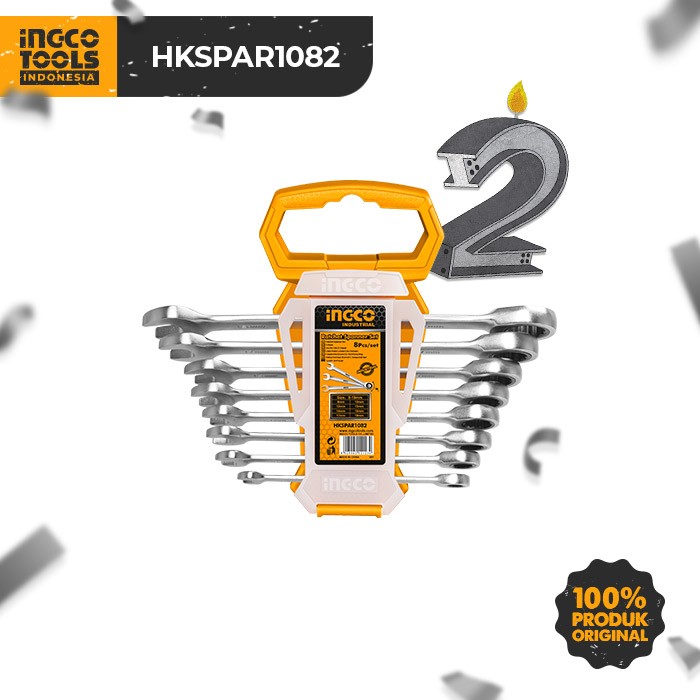 8-Pcs Ratchet Spanner Set (8-19mm) INGCO HKSPAR1082 - Kunci Ring Pas