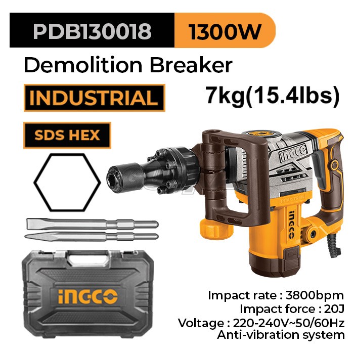 Demolition Breaker (7 Kg 20J) INGCO PDB130018 Mesin Bobok Tembok 1300W Lantai Dinding Beton Cor Coran SDS-Hex Anti Kebas Vibration System ex PDB13008