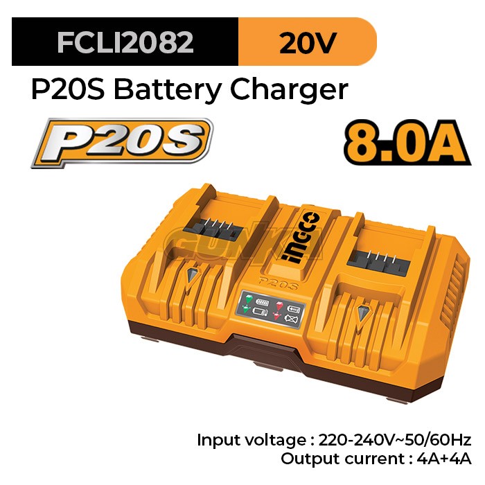 P20S Dual Rapid Charger (4A+4A) INGCO FCLI2082 Cas Fast Charge 2-Slot Baterai Output Max 8A Li-Ion Cordless Tools ex FCLI2024