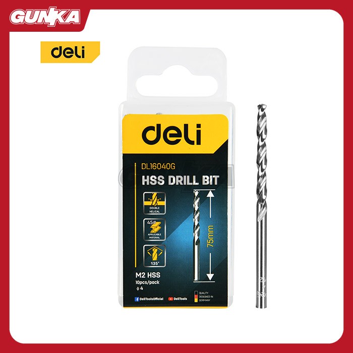 10-Pcs M2 HSS Drill Bit (ø4mm) DELI EDL16040G Mata Bor Besi Plat Metal Steel Silver