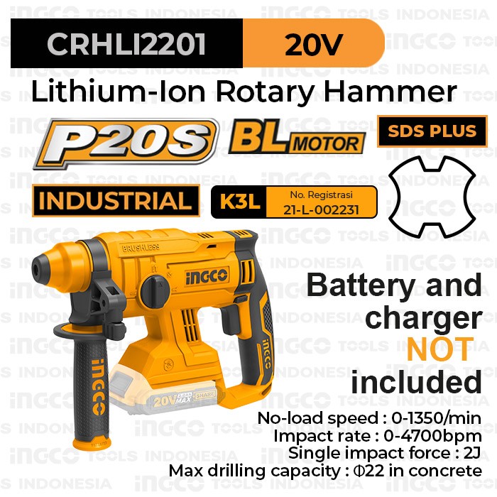 P20S Brushless Rotary Hammer (2.0J) INGCO CRHLI2201 - Mesin Bor Bobok