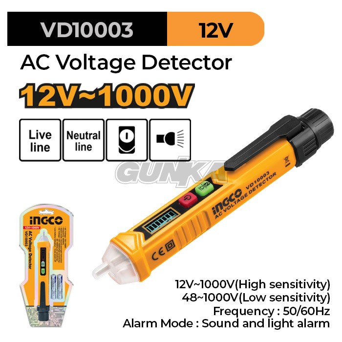 Non-Contact AC Voltage Detector (12-1000 V) INGCO VD10003 Tespen Elektrik Type Induksi Detektor Bunyi Sensor Kebocoran Tegangan Listrik Tanpa Sentuh