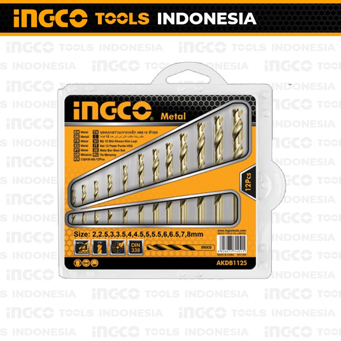 12Pcs HSS Twist Drill Bits (2-8 mm) INGCO AKDB1125 Mata Bor Besi Logam
