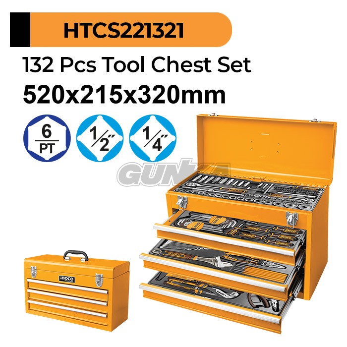 132-Pcs Mechanical Tools Chest Set (18Kg) INGCO HTCS221321 Paket Box Kotak Besi Alat Perkakas Toolkit Tool Kit Tang Kunci Pas Impact Socket Obeng Teknisi Bengkel Motor Mobil