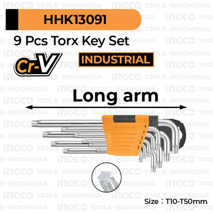 9-Pcs Cr-V Long Torx Key Set (T10-T50) INGCO HHK13091 Kunci L Bintang