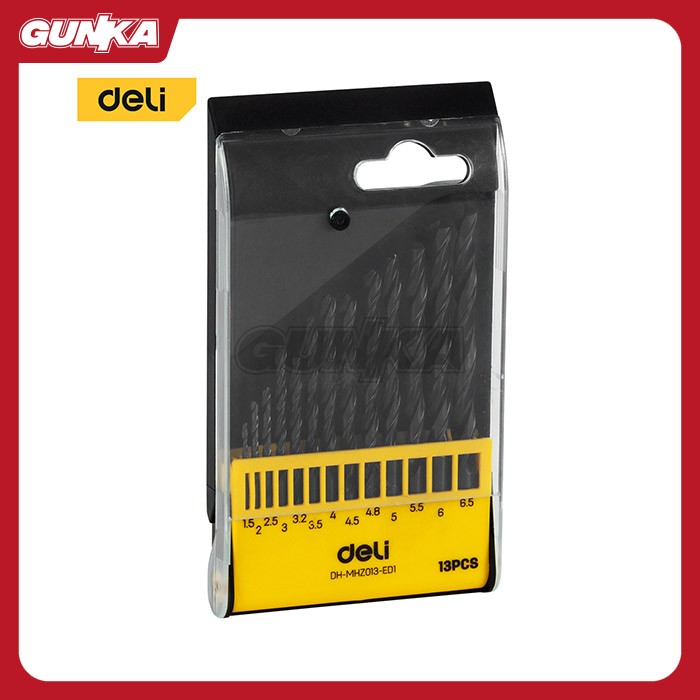 13-Pcs Hss Drill Bit Set (ø1.5 - 6.5mm) DELI EDH-MHZ013-ED1 Mata Bor Besi Plat Metal DIN 338