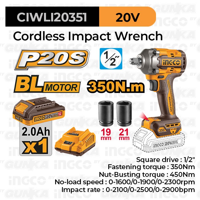 P20S Brushless Impact Wrench (1/2" 1B1C 450Nm) CIWLI20351 Mesin Pembuka Buka Baut Soket Socket Kunci 0.5 Inch Baterai Torsi Besar Ex Ciwli2001