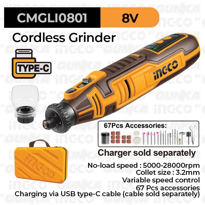 P20S Cordless Grinder (8V, 5000-28000rpm) CMGLI0801 Tuner Bor Gerinda Ukir Kayu Potong Pvc Pipa Poles Metal Baterai