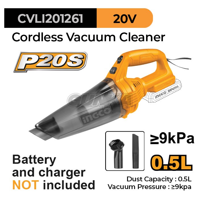 P20S Cordless Vacuum Cleaner (0.5 L) INGCO CVLI201261 Mesin Vakum Sedot Penyedot Debu Baterai Hand-Held Portable Mobil Sofa Kasur HEPA Filter Anti Tungau ex CVLI2001