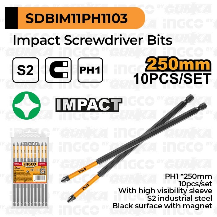 10-Pcs Impact Screwdriver Bits (PH1 x 25Cm) SDBIM11PH1103 Mata Obeng Plus Magnet Impact Pembuka Buka Pengencang Kencang Baut