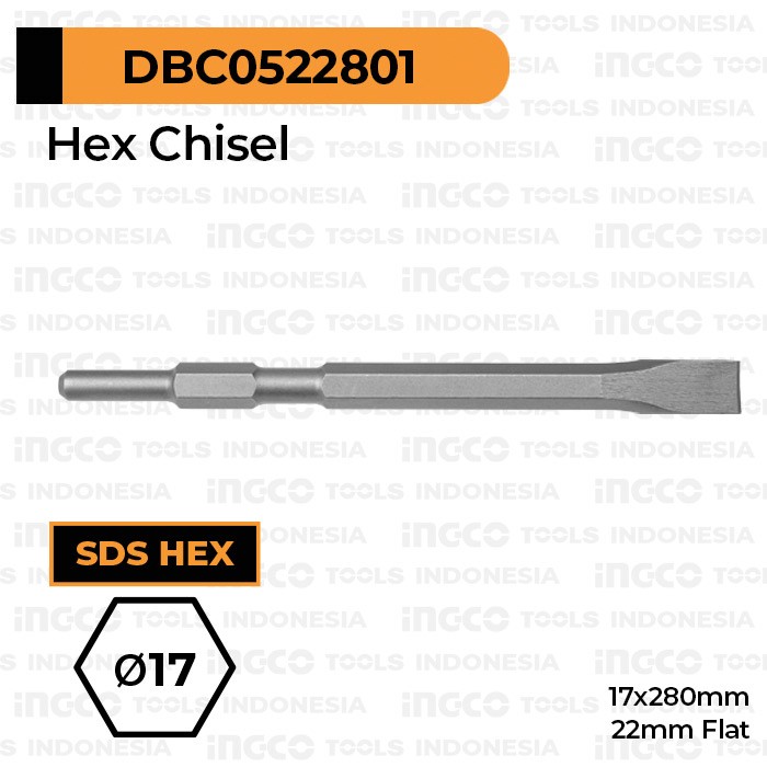 SDS-Hex Chisel Flat (22 mm) INGCO - Mata Bor Bobok Pahat Tembok Beton