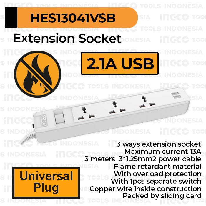Stop Kontak Terminal (2xUSB) INGCO HES13041VSB Colokan 3 Lubang Saklar