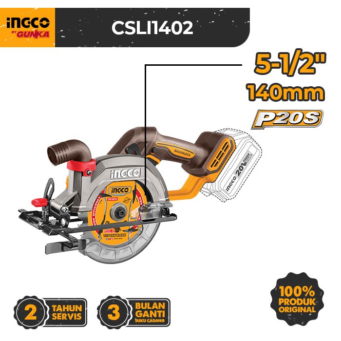 P20S Cordless Circular Saw (145mm/5½") INGCO CSLI1402 Gergaji Kayu Serkel Sirkular Mata Bulat Kayu Papan Triplek Multiplek