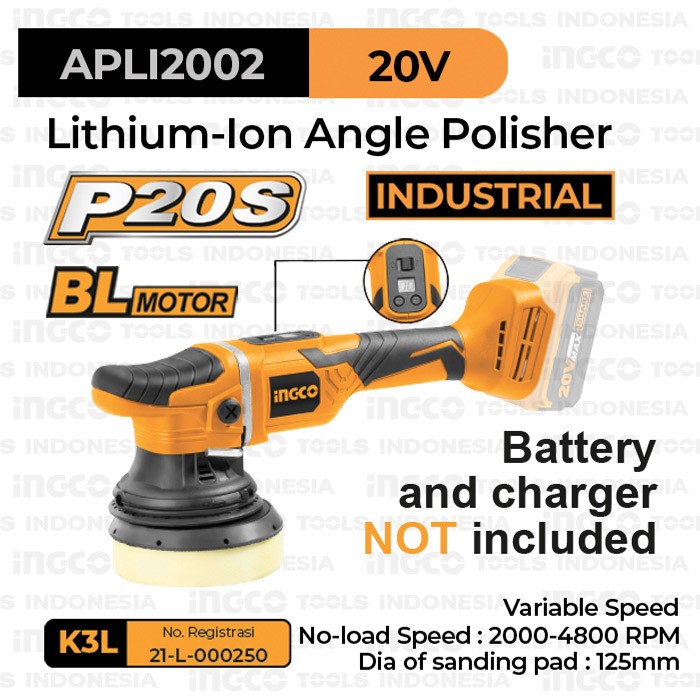 P20S Brushless Angle Polisher (4800rpm) INGCO APLI2002 Mesin Poles Cat