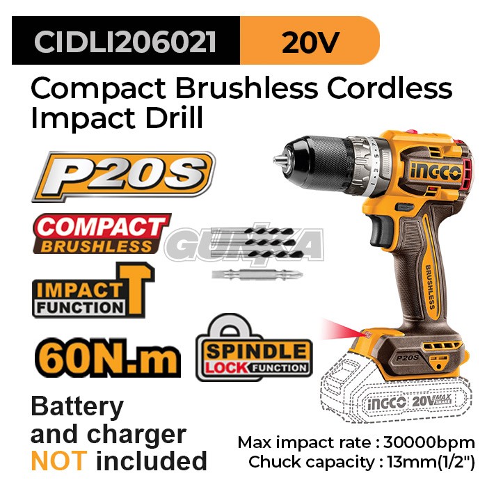 P20S Brushless Impact Drill (13 mm) INGCO CIDLI206021 Bor Tembok Beton Cordless CIDLI20602-UOL Unit Only Tanpa Baterai Charger