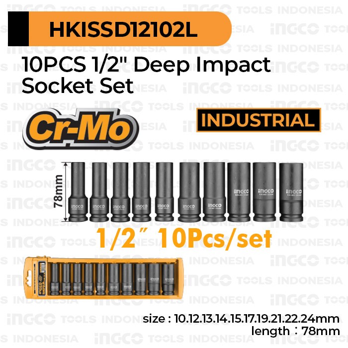 10-Pcs 1/2" Deep Impact Socket INGCO HKISSD12102L - Sok Soket Panjang