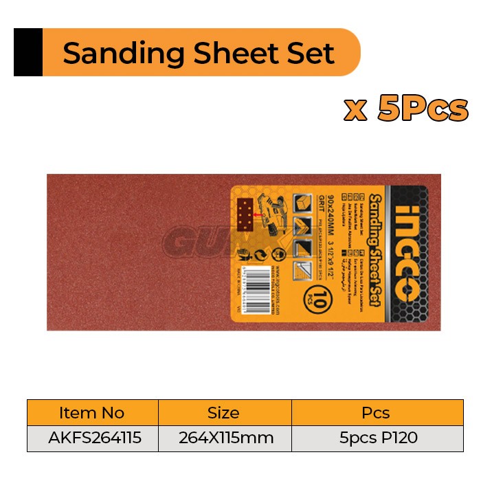 5Pcs Finishing Sander Sheet 115×264mm INGCO AKFS264115 Kertas Amplas