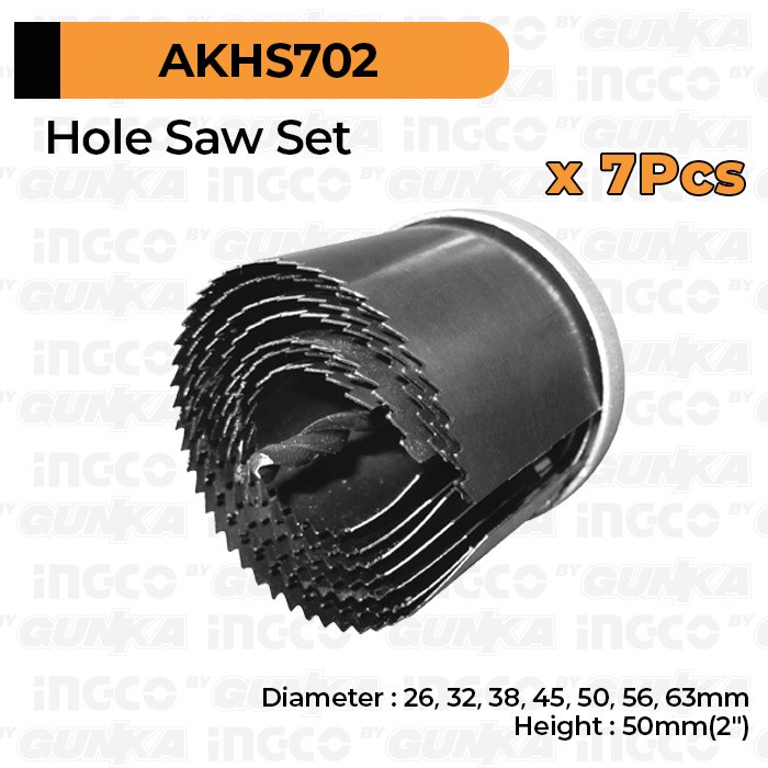 7-Pcs Hole Saw (26-63 mm) INGCO AKHS702 Mata Bor Holesaw Kayu Pipa PVC