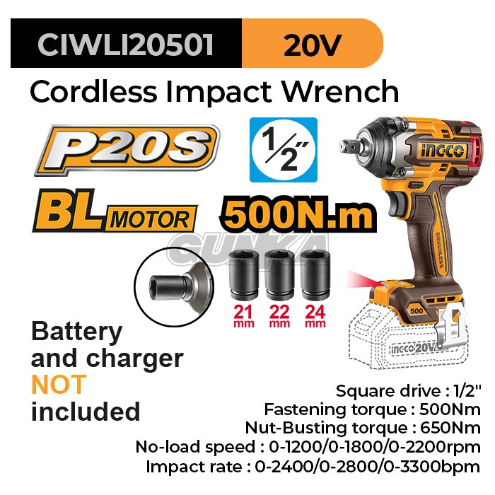P20S Brushless Impact Wrench (1/2" 450Nm) CIWLI20501 Unit Only Mesin Pembuka Buka Baut Soket Socket Kunci 0.5 Inch Baterai Torsi Besar Ex Ciwli2001