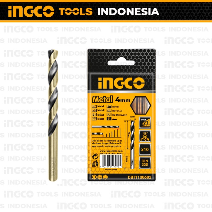 10Pcs HSS Steel Drill Bits (4 mm) INGCO DBT1100403 - Mata Bor Besi 4mm