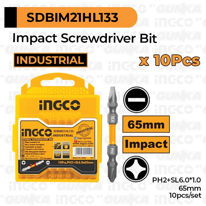 10-Pcs Impact Screwdriver Bit (PH2+SL6) INGCO SDBIM21HL133 Mata Obeng