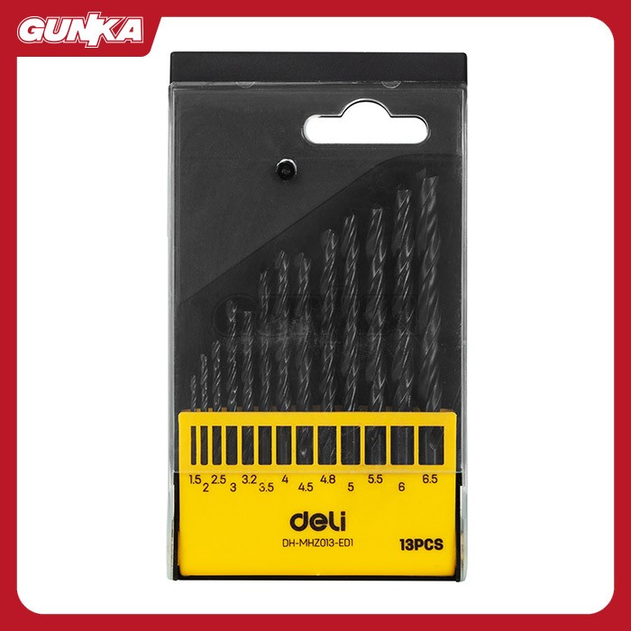 13-Pcs Hss Drill Bit Set (ø1.5 - 6.5mm) DELI EDH-MHZ013-ED1 Mata Bor Besi Plat Metal DIN 338