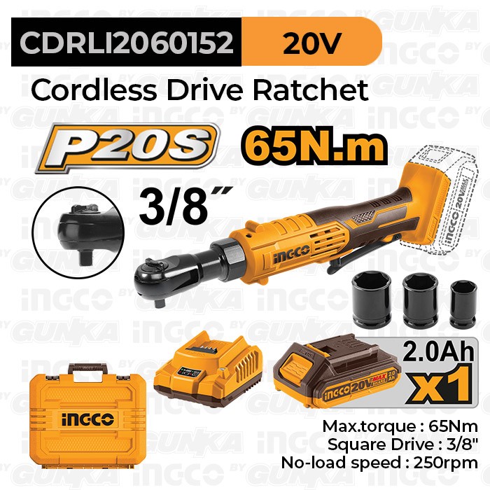 P20S Cordless Drive Ratchet (3/8" 2B1C 65Nm) CDRLI2060152 Mesin Pembuka Gagang Buka Baut Soket Kunci Wrench Square Drive Baterai Ex Cdrli2060152