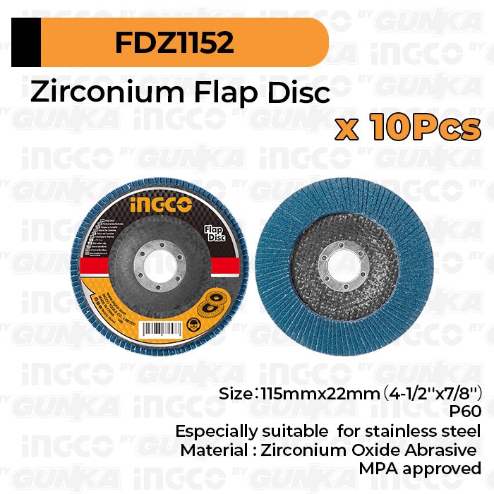 10-Pcs Zirconia Flap Disk (P60) INGCO FDZ1152 Mata Gerinda Stainless