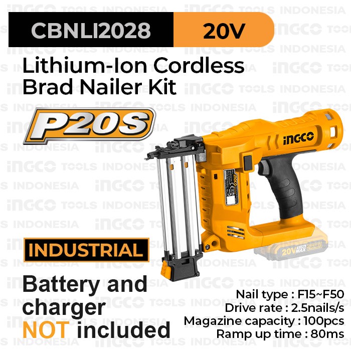 P20S Cordless Brad Nailer (F15-50) INGCO CBNLI2028 Paku Tembak Baterai