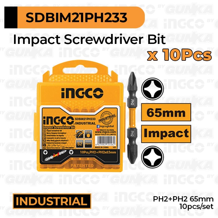 10-Pcs Impact Screwdriver Bit (2×PH2 65mm) INGCO Mata Bor Obeng Plus