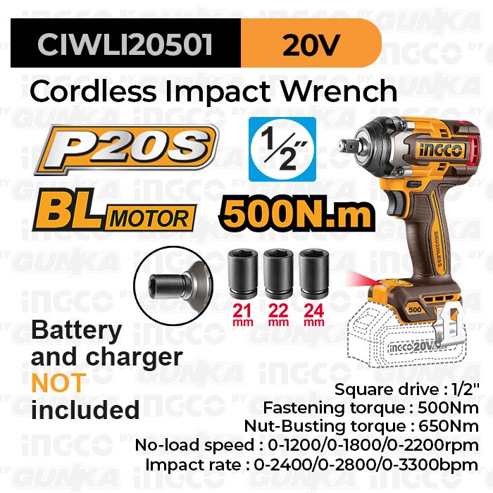 P20S Brushless Impact Wrench (1/2" 450Nm) CIWLI20501 Unit Only Mesin Pembuka Buka Baut Soket Socket Kunci 0.5 Inch Baterai Torsi Besar Ex Ciwli2001