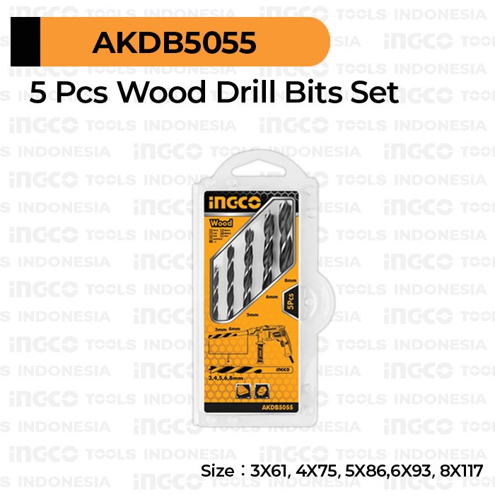 5-Pcs Wood Drill Bits (3-8 mm) INGCO AKDB5055 Paket Mata Bor Kayu Set
