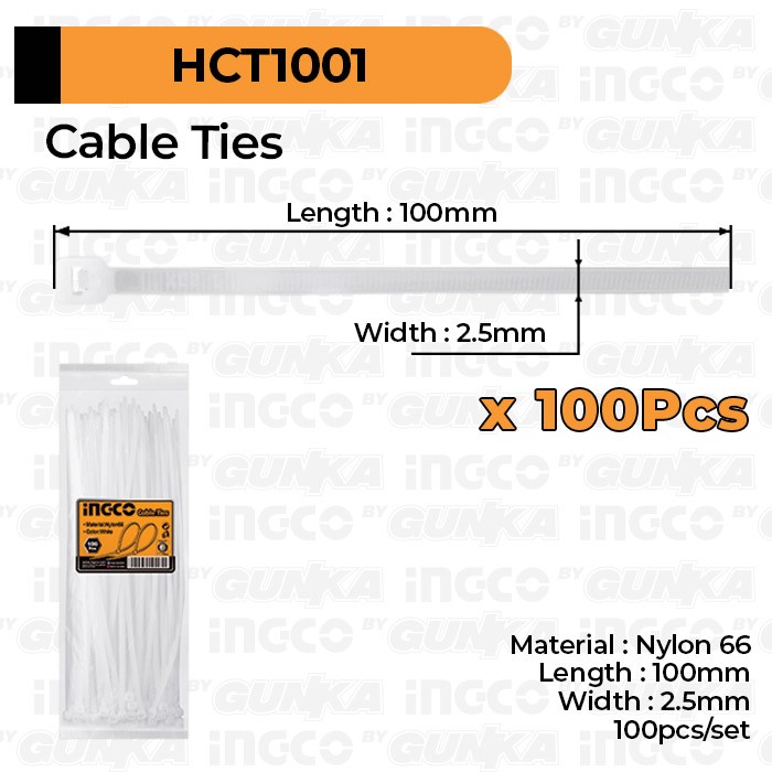 100-Pcs Cable Ties (10cm Putih) INGCO HCT1001 Tali Kabel Tis Tie Nylon