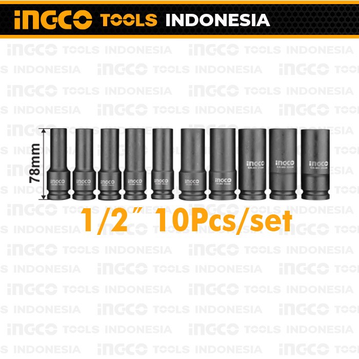 10-Pcs 1/2" Deep Impact Socket INGCO HKISSD12102L - Sok Soket Panjang