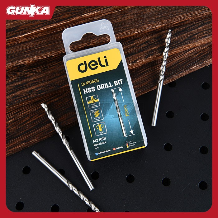 10-Pcs M2 HSS Drill Bit (ø4mm) DELI EDL16040G Mata Bor Besi Plat Metal Steel Silver
