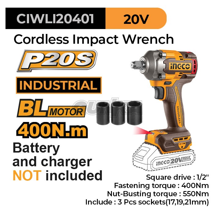 P20S Brushless Impact Wrench (1/2") INGCO CIWLI20401 Mesin Pembuka Buka Baut Roda Cordless Baterai Kunci Socket Shock Sok 0.5 Inch ex CIWLI2001