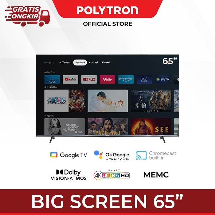 LED Polytron Smart GOOGLE TV 65 Inch PLD 65UG5959 Digital TV 4K UHD