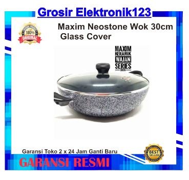 Maxim Neostone Wok 30cm + Glass Cover -Wajan Penggorengan Anti Lengket