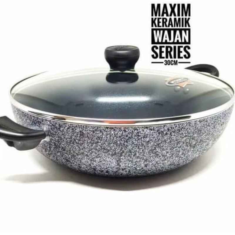 Maxim Neostone Wok 30cm + Glass Cover -Wajan Penggorengan Anti Lengket